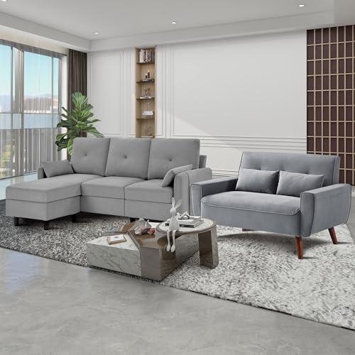 77" Convertible Sectional Sofa Set, Small L Shaped 3-Seat Couch with Reversible Chaise and Loveseat Sofa, Modern Linen Sofas Couches for Living Room, LightGrey