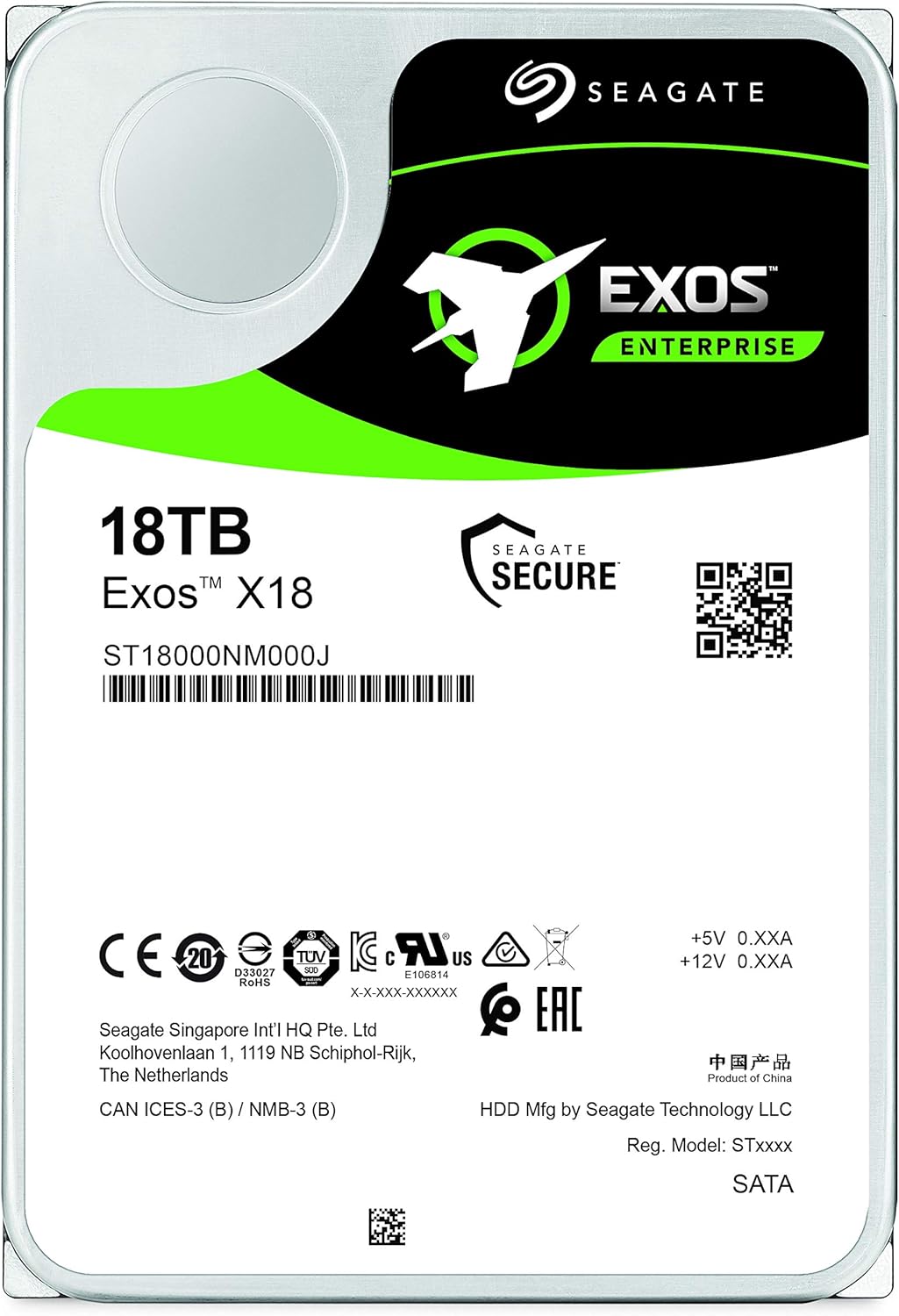 Seagate Exos X18 18TB Enterprise HDD - CMR 3.5 Inch Hyperscale SATA 6Gb/s, 7200 RPM, 512e and 4Kn FastFormat, Low Latency with Enhanced Caching (ST18000NM000J)