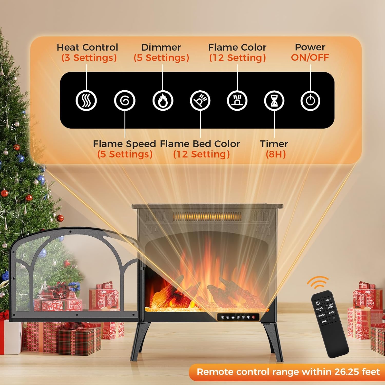 COWSAR Realistic Flame Electric Fireplace Stove, 500/1500W Freestanding Fireplace Heater with Remote Control and Timer, Adjustable Fireplace Stove Flame Color and Speed, Log Set & Crystal Options