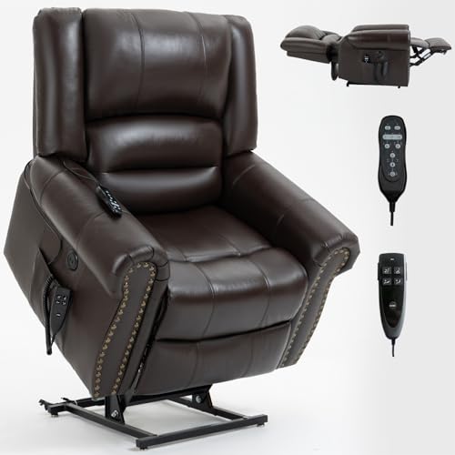 Dual Motor Power Lift Chair, Lay Flat Recliner Chair, Electric Recliner with Massage and Heat for Elderly, Remote Control, Infinite Position, Standing Assistance, USB Ports, Faux Leather, Brown