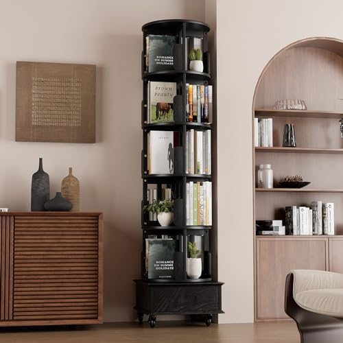 Solid Wood Rotating Book Shelf, 360° Display Bookcase with Drawer, 5-Tier Mobile Bookshelf with Wheels, 79" Tall Bookcase for Narrow Space, Spinning Bookshelf Tower for Home Office, Study Room, Black