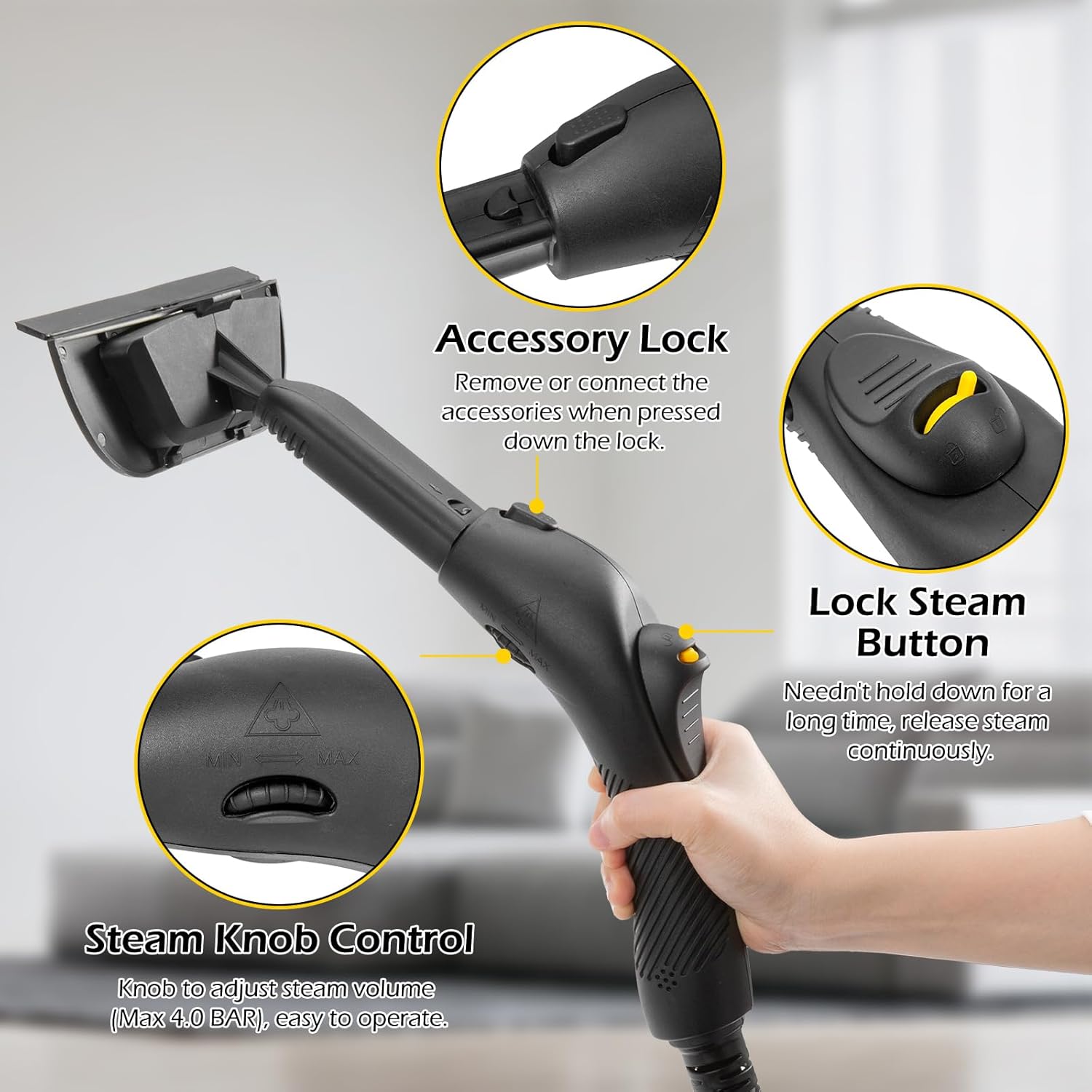 Dyna-Living 1500W High Pressure Steam Cleaner for Home Use 4.0 BAR Handheld Steamer Cleaning for Car Detailing 215°F High-Temperature Steam Cleaner for Upholstery Floor Steam Cleaner with 1.5L Tank