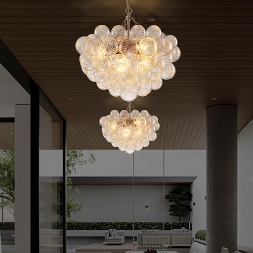 Longree Bubble Glass Globe Chandelier Swirled Ribbed Clear Blown Glass Ball Chandeliers Art Cluster Pendant Lights Dining Table Lighting Fixture for Living Room Bathroom Kitchen Entryway Foyer Bedroom