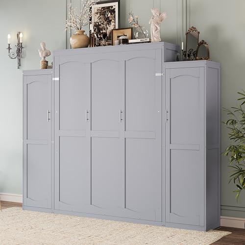 KLMM Wooden Murphy Bed Wall Bed with 2 Wardrobe and Storage Shelf,Foldable Platform Bedframe for Guest-Room Bedroom Study Office Use (White#E, Full)