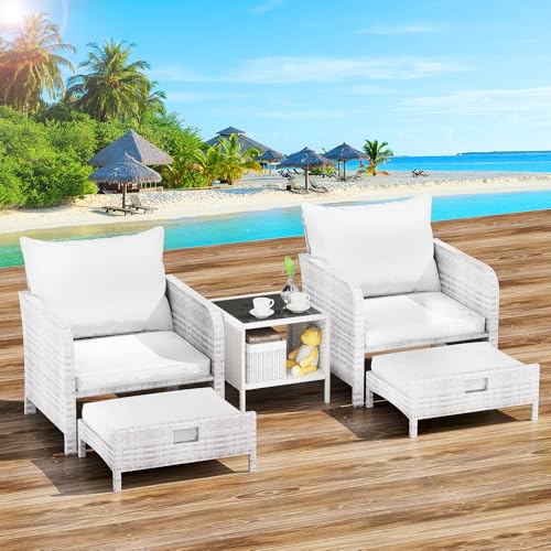 LEVELEVE Balcony Furniture 5 Piece Patio Conversation Set, PE Wicker Rattan Outdoor Lounge Chairs with Soft Cushions 2 Ottoman&Glass Table for Porch, Lawn-Brown Wicker