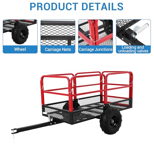 Garden Dump Cart, 1500 Lbs Capacity 22 Cubic Feet Heavy Duty Steel ATV Trailer Pull Behind Yard Wagon with 2 Wheels, Outdoor Lawn Mower Cart for Tractor, ATV, UTV