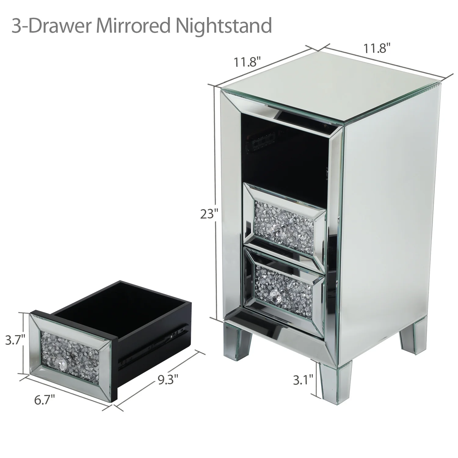 LANTRO JS Modern Mirrored Nightstand, Sofa Side Table with 3 Crystal Diamond Drawers, End Table for Bedroom Living Room Furniture