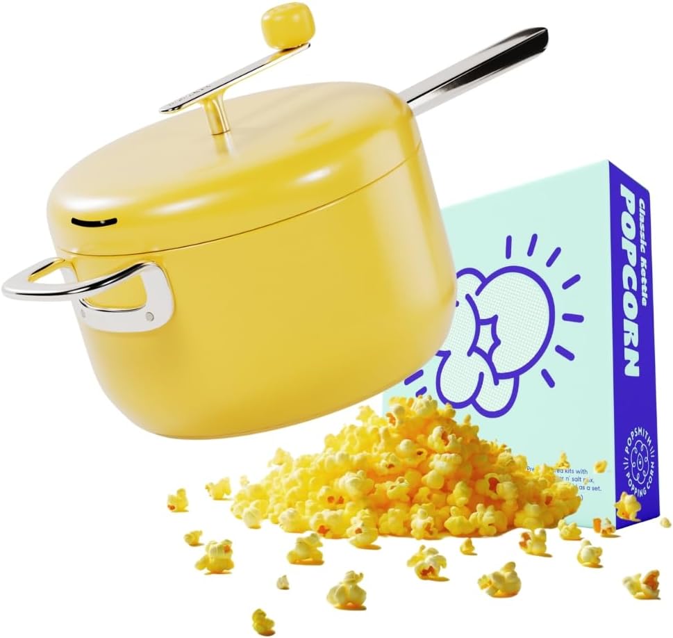 Popsmith Popcorn Popper in Butter & Pack of 5 Classic Kettle Corn Popcorn Kits Bundle - 4 oz Popcorn Packets and Stainless Steel Popcorn Maker Compatible with All Stovetops