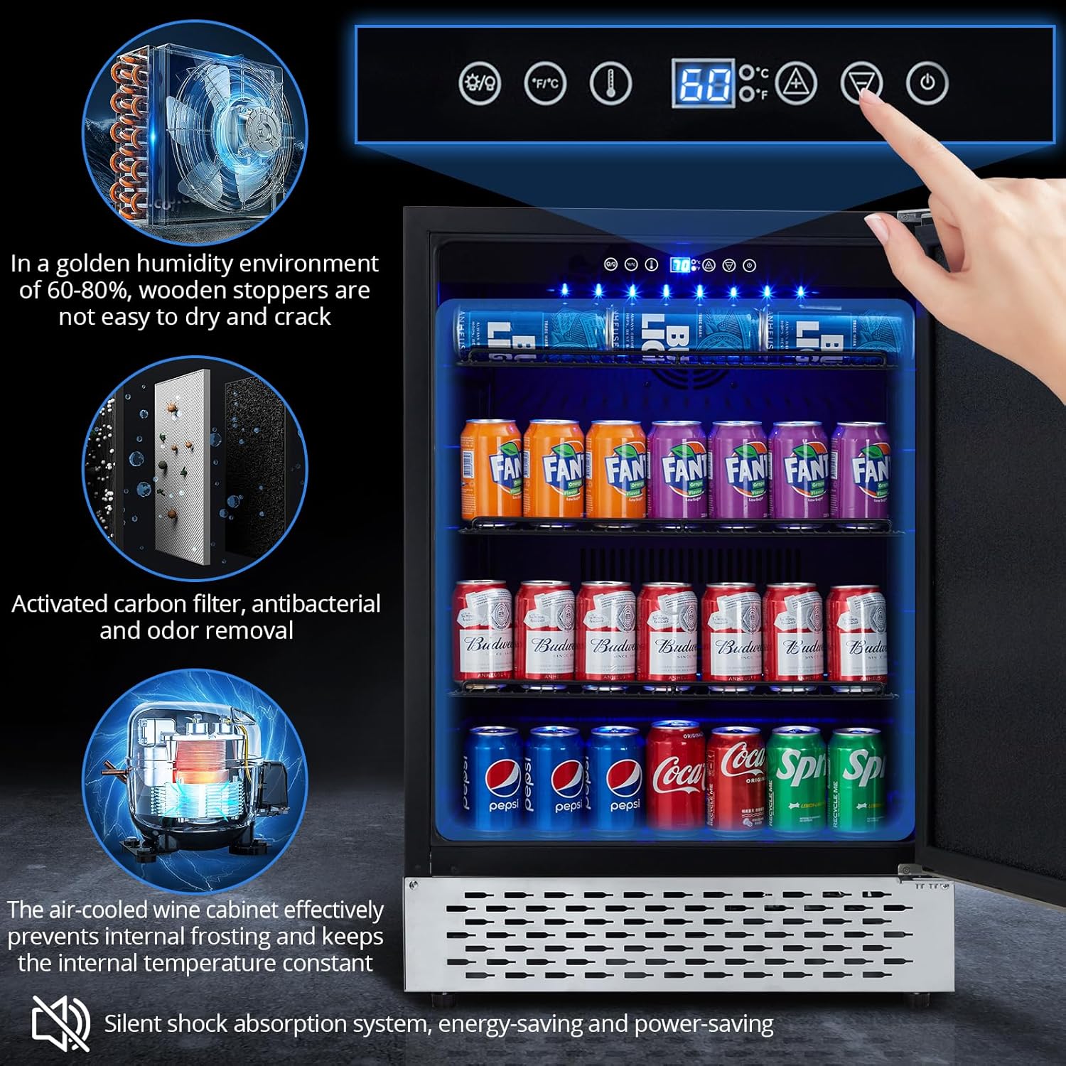 Outdoor Beverage Fridge - Weather Proof Stainless Steel, Beverage Cooler Under Counter, 120 Cans, Built-in/Freestanding, For Soda, Beer, Wine.