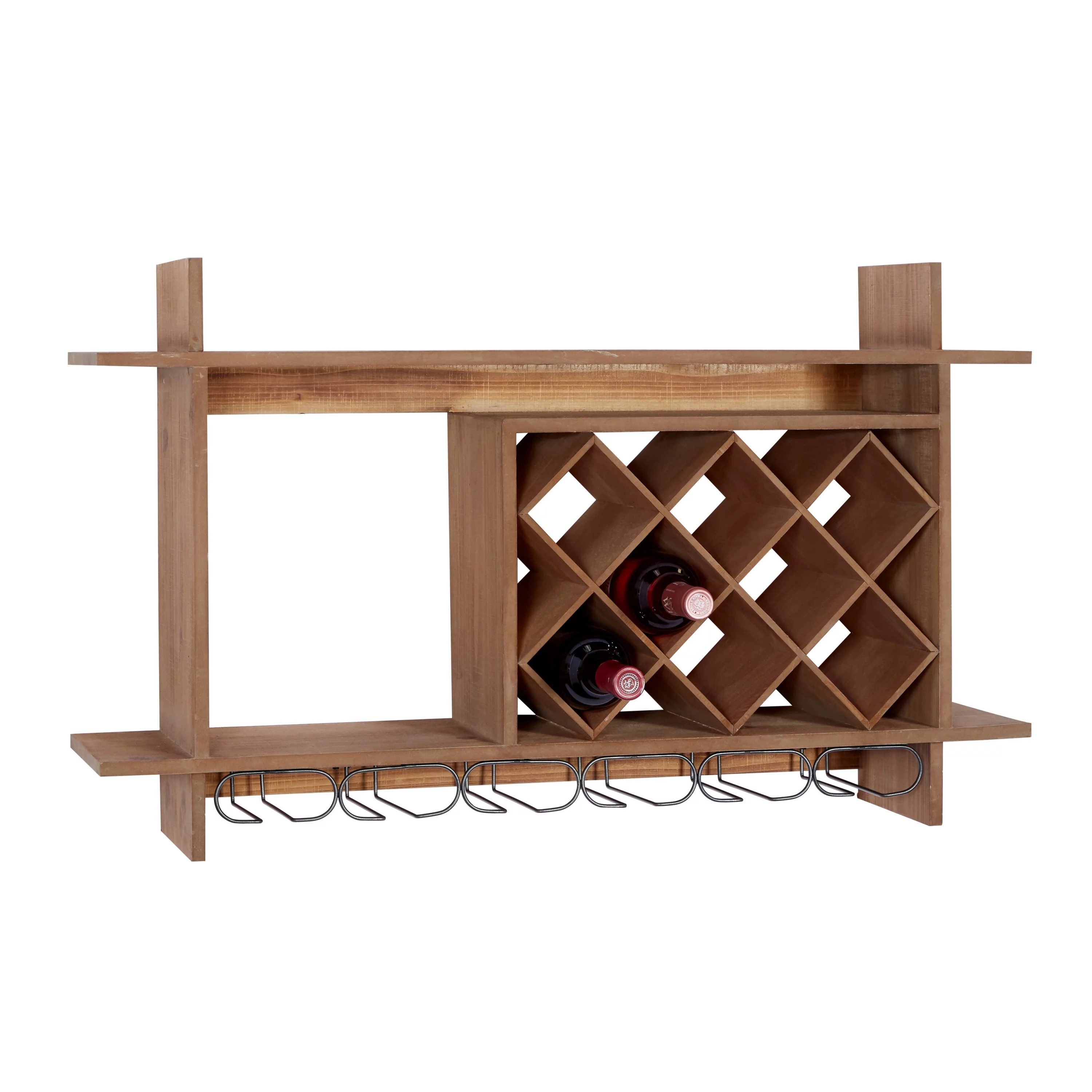 DecMode 34" x 20" Brown Wood Geometric 8 Bottles Wall Wine Rack with 6 Glass Holder Slots, 1-Piece