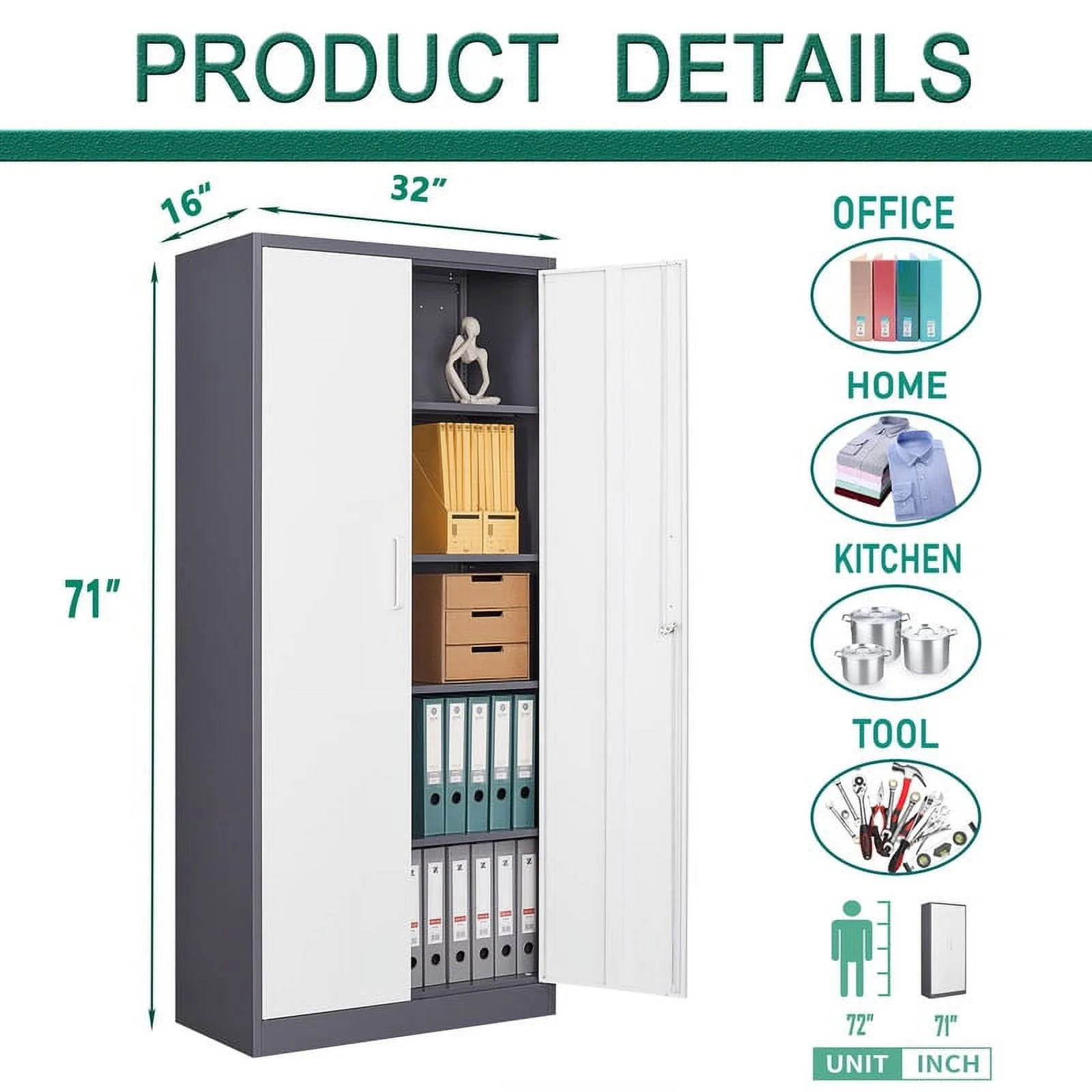 MIIIKO Metal Storage Cabinet 71" Locking Metal Storage Cabinet with 4 Adjustable Shelves, Black Metal Cabinet with 2 Doors and Lock for Office, Garage, Home