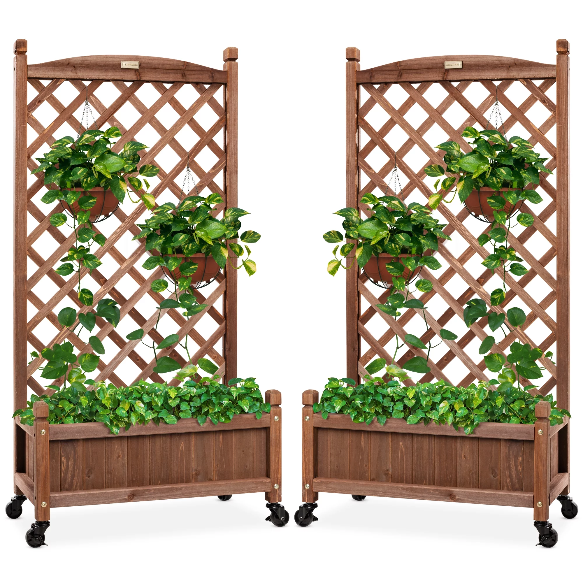 Best Choice Products Set of 2 48in Wood Planter Box & Diamond Lattice Trellis. w/ Drainage. Optional Wheels - Walnut