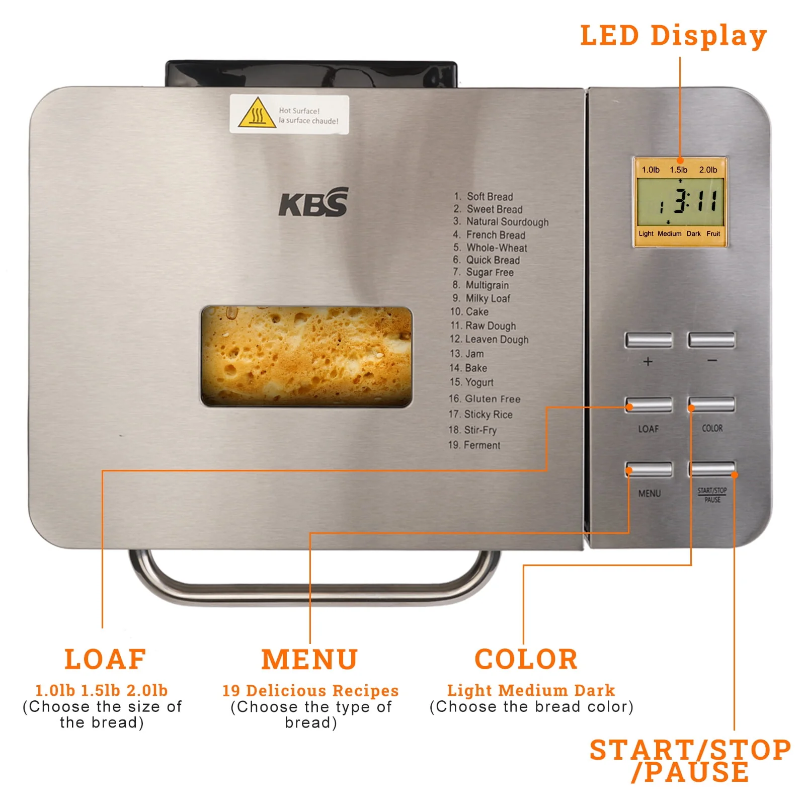 KBS 19-in-1 2LB Bread Maker Machine Fully Automatic LCD Display .Stainless Steel Model# 013