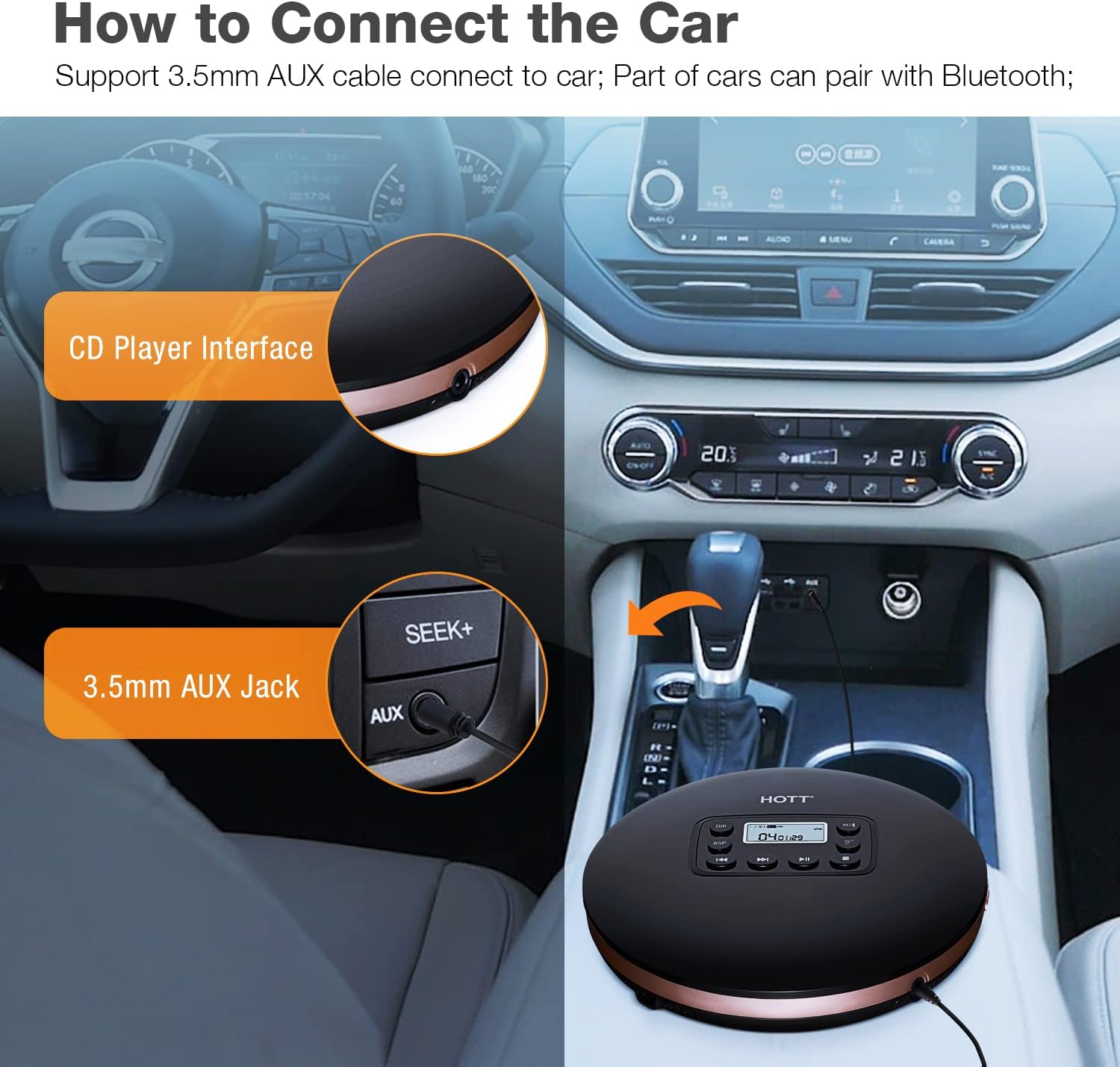 HOTT CD711T Bluetooth Rechargeable Portable CD Player for Home Travel and Car with Stereo Headphones and, Anti Shock Protection-Black