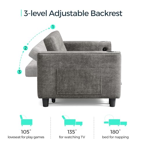 LINSY 3-in-1 Convertible Sofa Bed, 54" Pull Out Sleeper Sofa with Charging Station & Cup Holder, Small Folding Loveseat with Side Pocket for Small Space, Corduroy Couch, Green