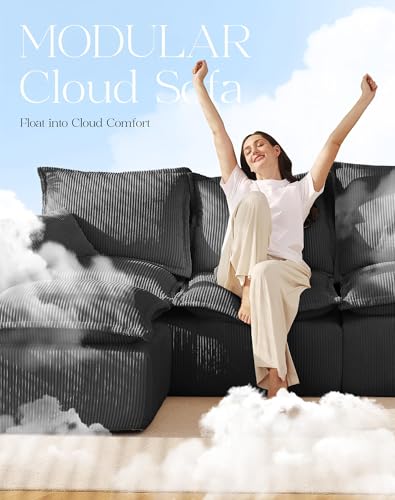 107" Comfy Cloud Couch with L-Shape Chaise & Deep Seat, Modular Sectional Sofa in a Box, Boneless Upholstered Couches for Living Room, No Assembly Required (Soft Corduroy, Black)