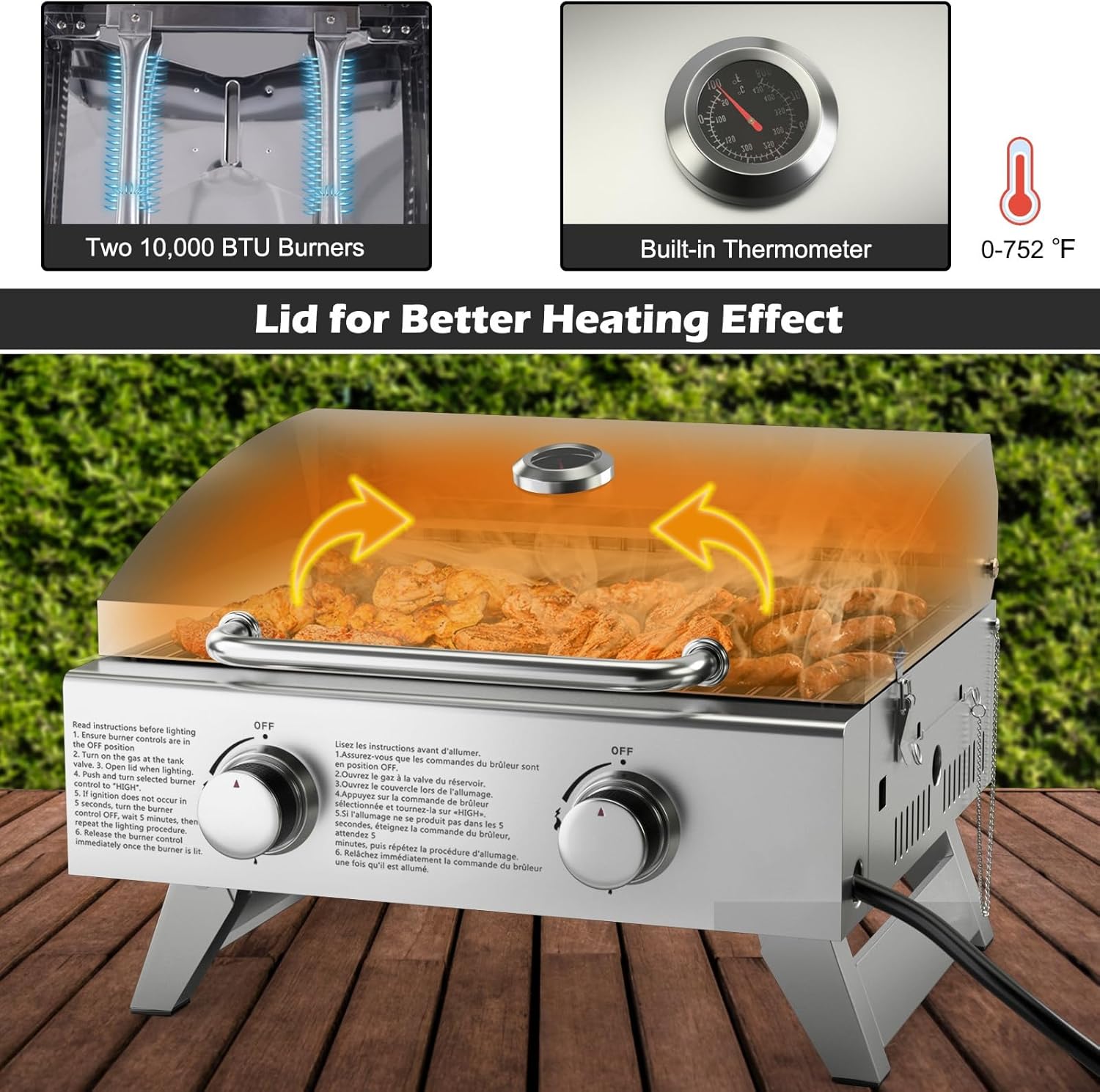 Giantex Portable Gas Grill - Tabletop Propane Grill with 2 Burners, 20,000 BTU total, Built-in Thermometer, Foldable Legs, Regulator Hose, Stainless Steel BBQ Grill for Outdoor Camping Barbecue