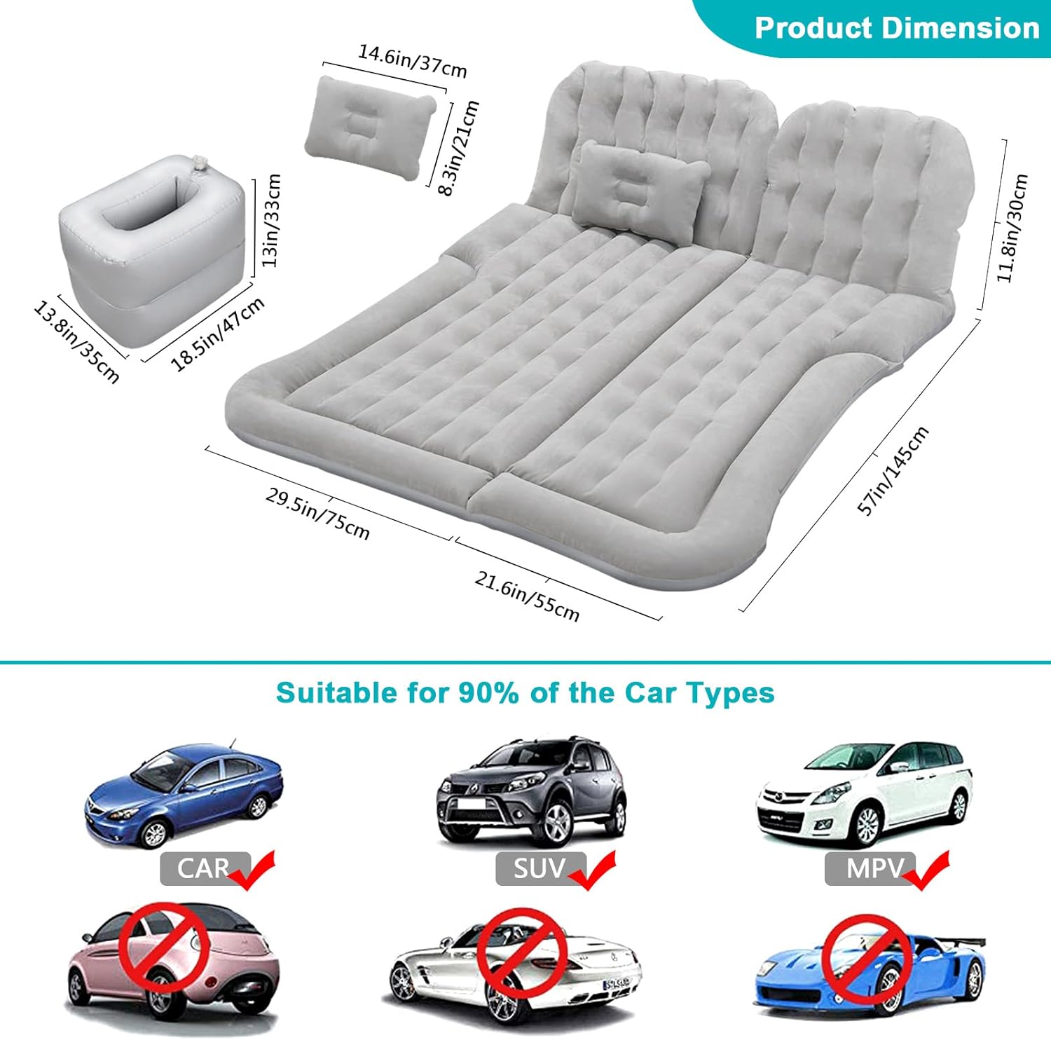 Car Air Mattress,Car Bed,SUV Air Mattress Car Camping with Electric Pump and 2 Pillows, Car Inflatable Mattress- Flocking & PVC Surface,Car Sleeping Bed for Home, Outdoor and Travel(Gray)
