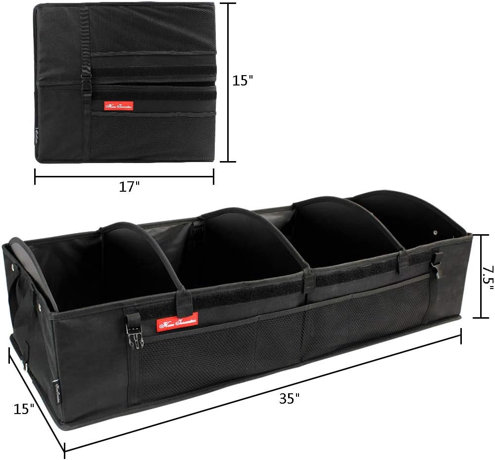Trunk Organizer for SUV Car, Truck, Auto, Minivan - 4 Adjustable Compartments Foldable Portable Trunk Organizer, Heavy Duty Durable Car Organizer, Removable Flexible Cargo Storage Bag