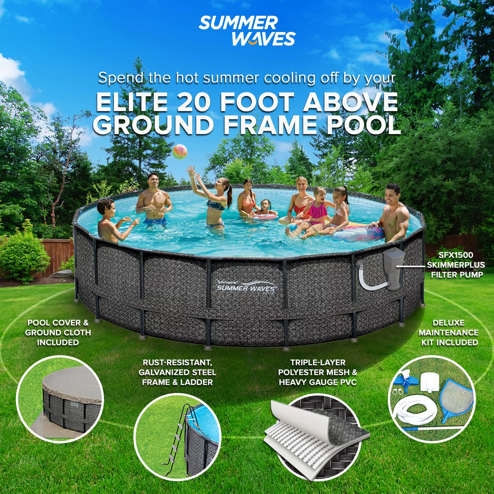 Summer Waves Elite 20ft x 48in Above Ground Frame Swimming Pool Set w/ Pump