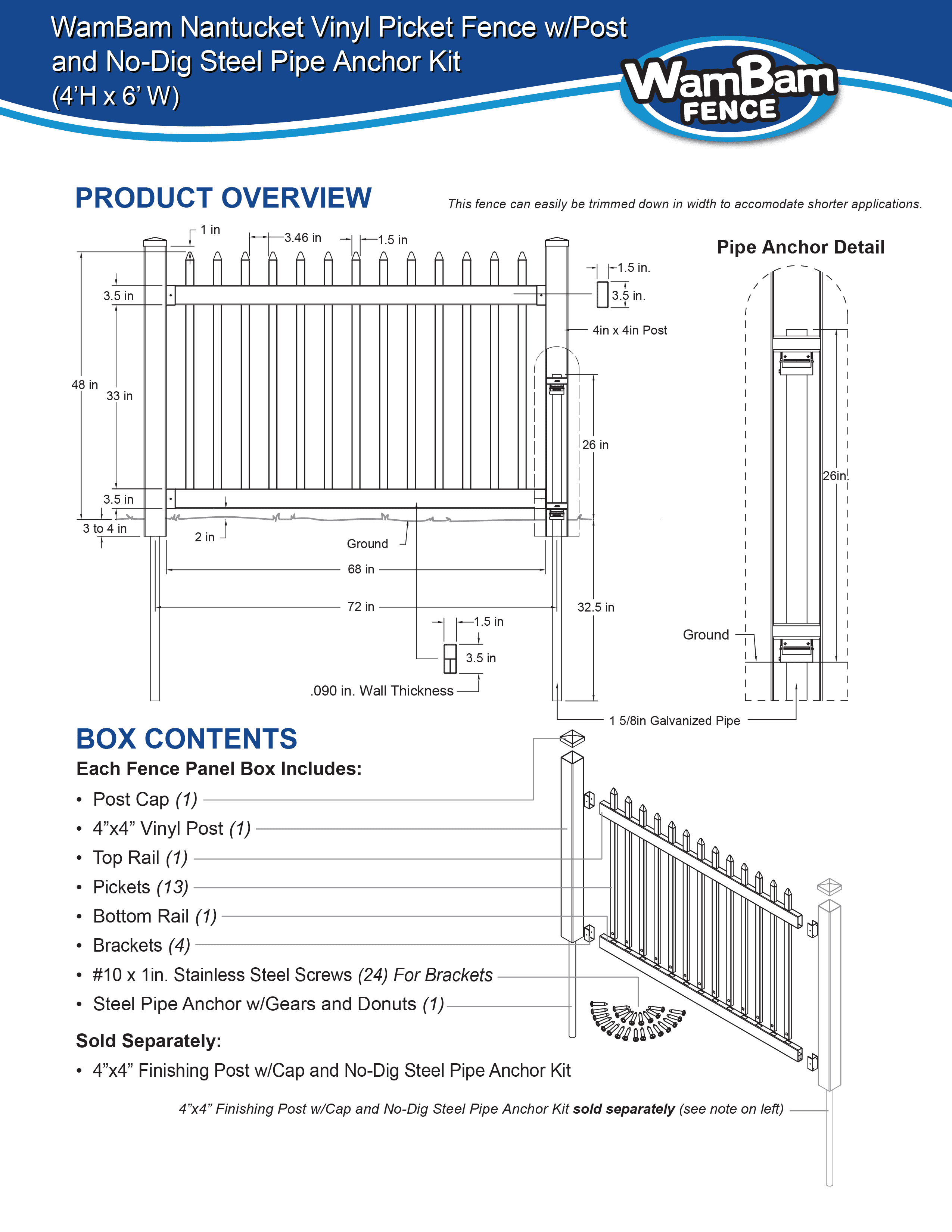 Wam Bam Fence No-Dig Permanent 4ft x 6ft Nantucket Fence with Post Anchor & Cap