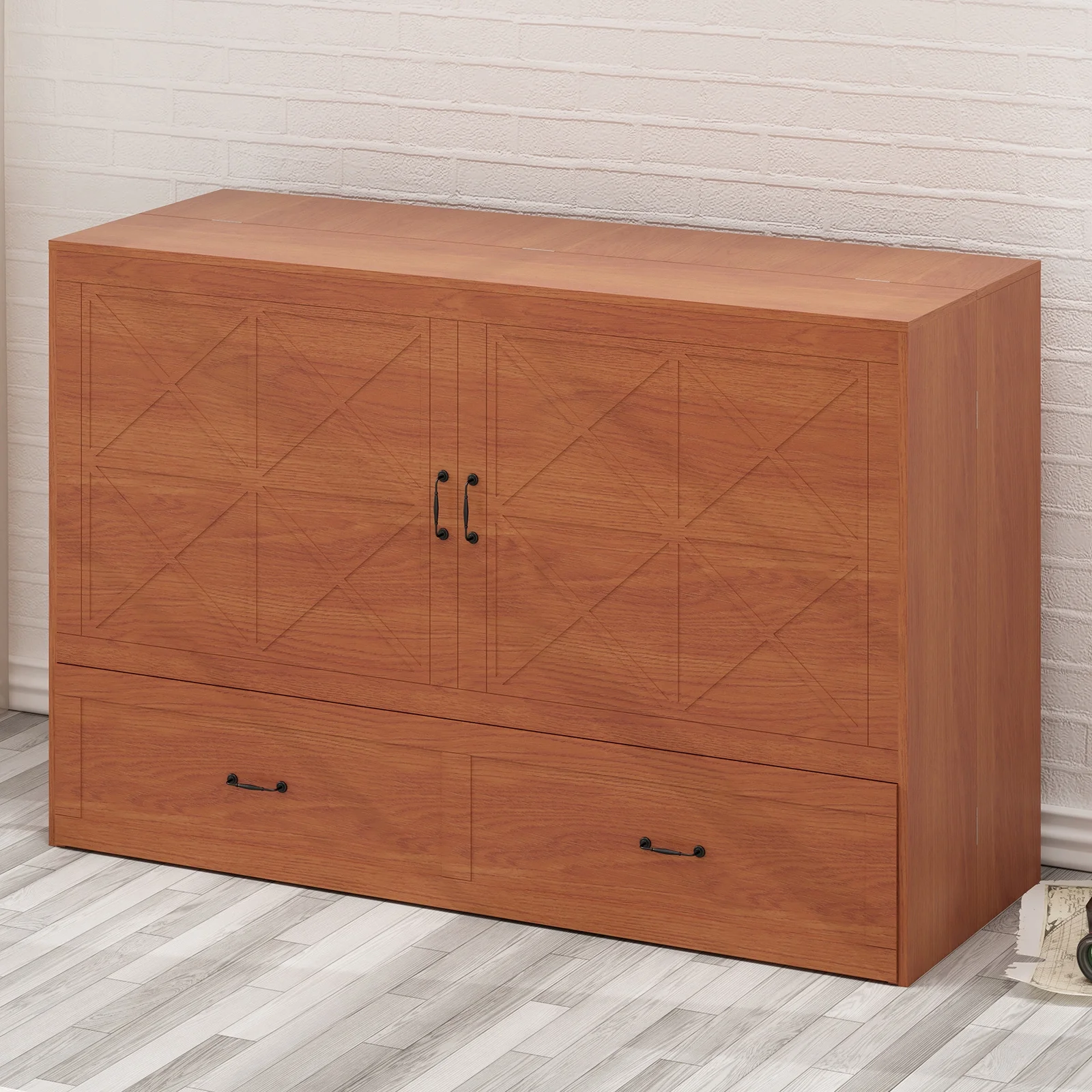 Mjkone Queen Size Murphy Cabinet Bed, Solid Pine Wall-Bed with 3 Charging Stations, 2 Storage Drawers, and Comfy Foldable Mattress for Bedroom, Office and Small Spaces (Burnt Orange)