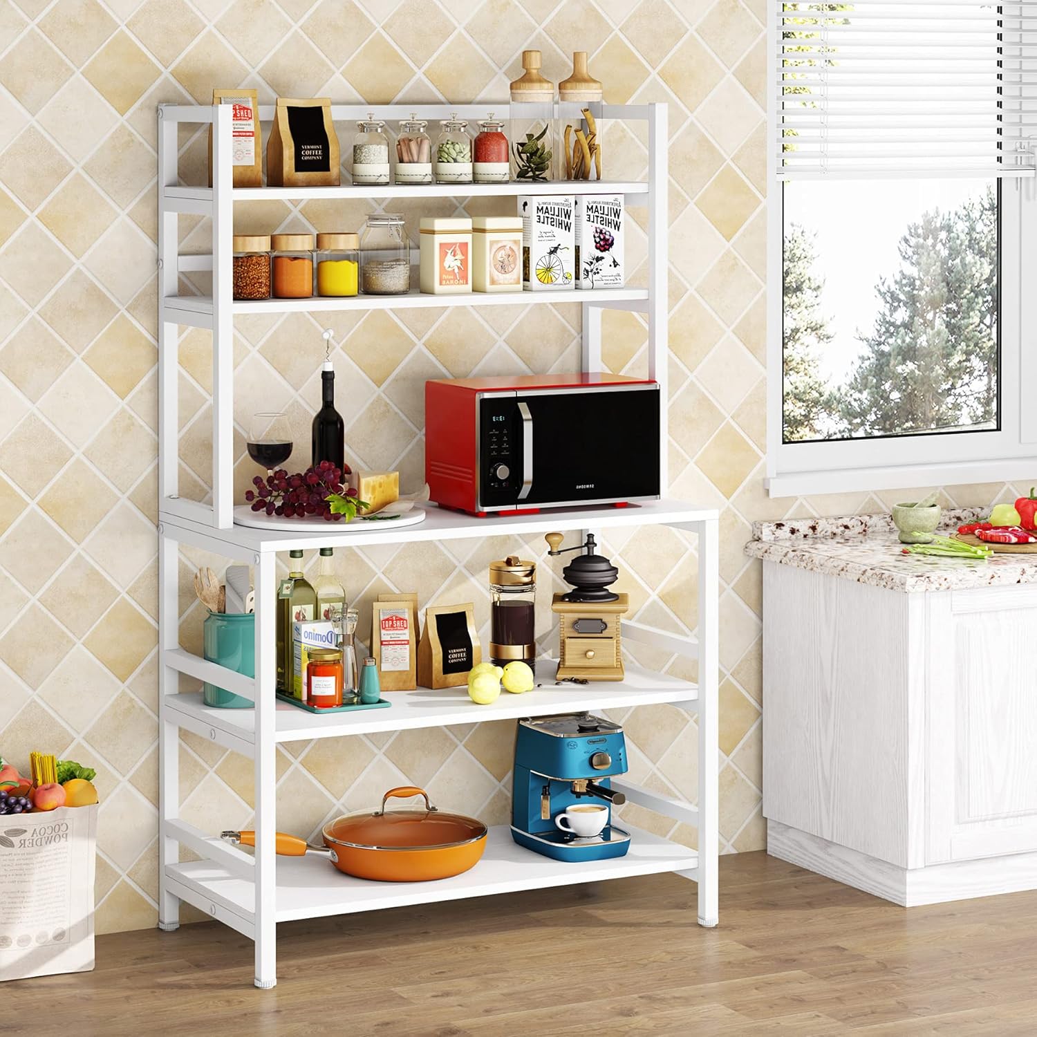 Tribesigns Kitchen Bakers Rack with Storage and Hutch, 5-Tier Kitchen Microwave Cart Stand Rack, Free Standing Industrial Kitchen Utility Storage Shelf (Rustic Brown)