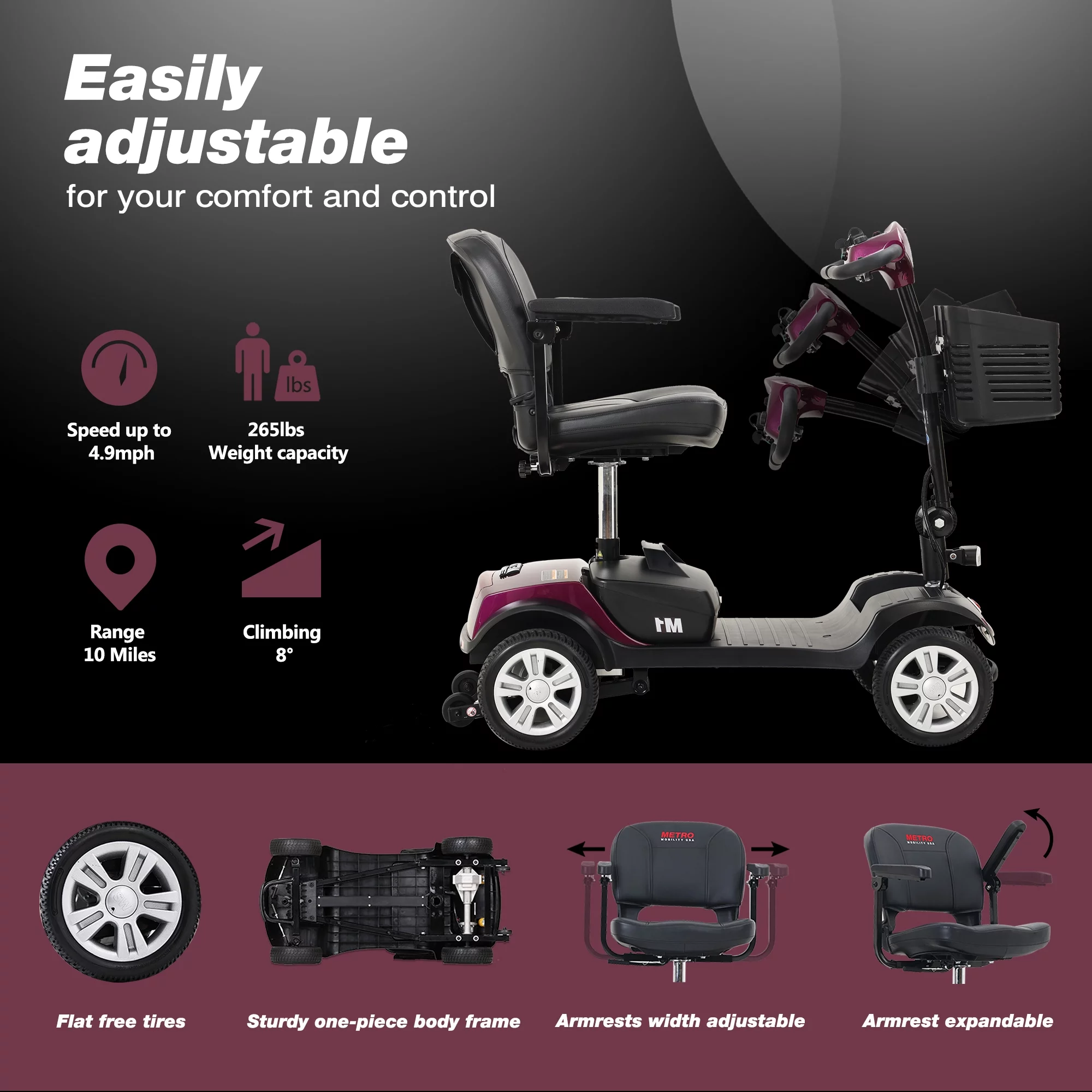 Travel Mobility Scooter, Heavy Duty Electric Scooters with 4 Anti-Tip Wheels, Compact Lightweight Mobility Scooters for Senior Adults Elderly, Foldable Mobility Scooter, Holds 300lbs, Purple