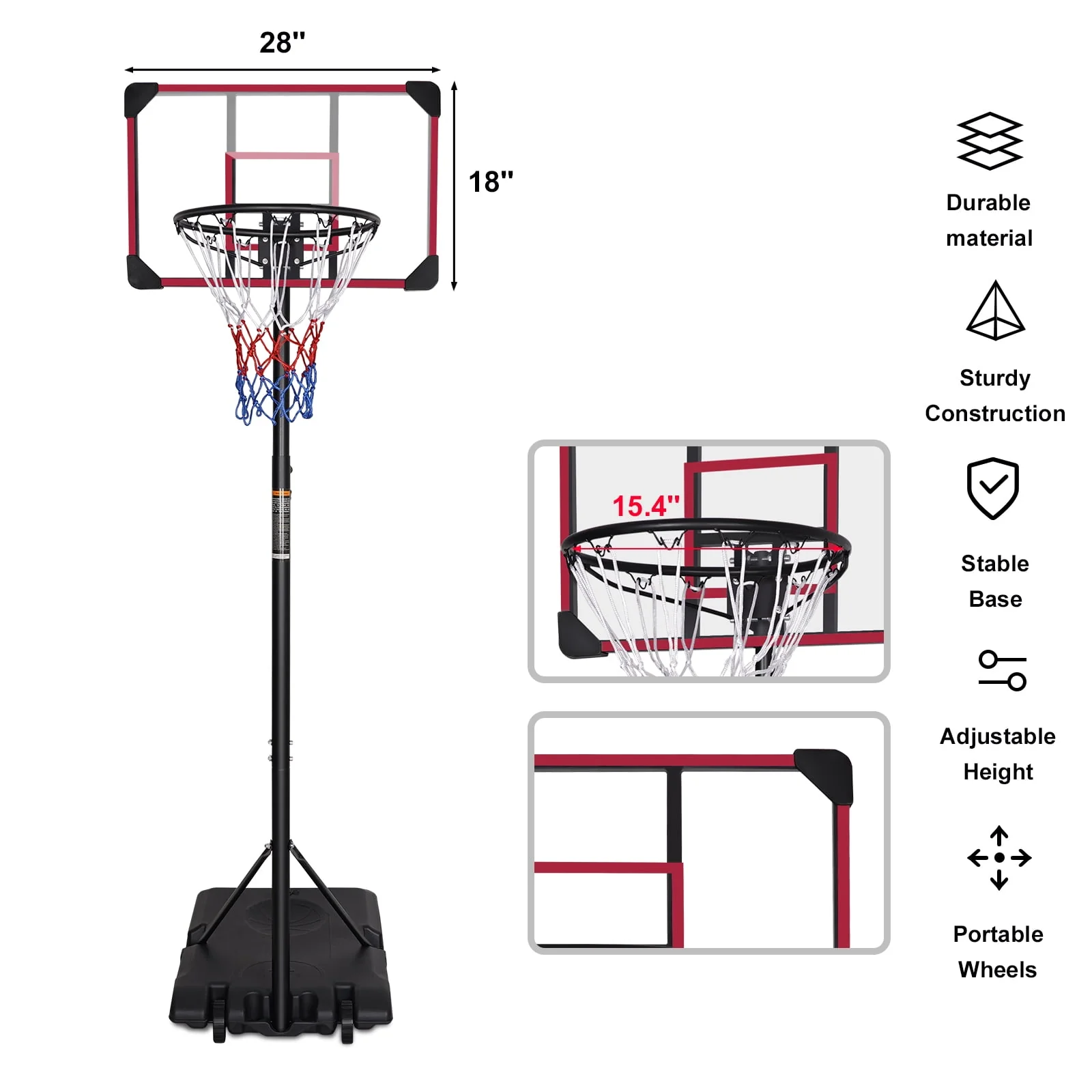 HooKung Portable Basketball Hoops Height Adjustable 5.6ft -7ft Basketball System 28'' Backboard with Wheels for Teenagers Youth Indoor Outdoor Use