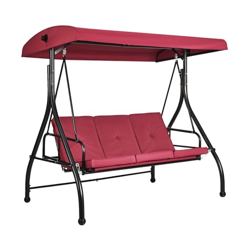 VEVOR 3-Seat Patio Swing Chair, Converting Canopy Swing, Outdoor Patio Porch with Adjustable Canopy, Removable Thick Cushion and Alloy Steel Frame, for Balcony, Backyard, Poolside, Brown