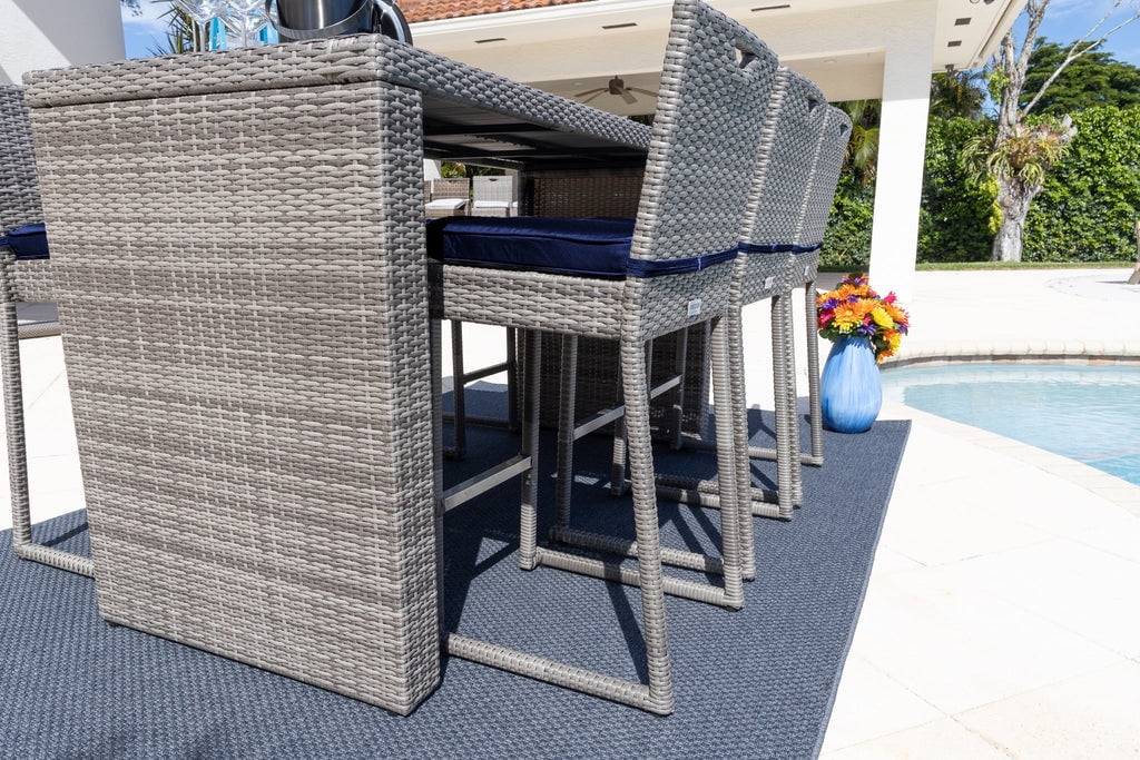 Sorrento 7-Piece Resin Wicker Outdoor Patio Furniture Bar Set in Gray W/Bar Table and Six Bar Chairs (Flat-Weave Gray Wicker, Sunbrella Canvas Navy)