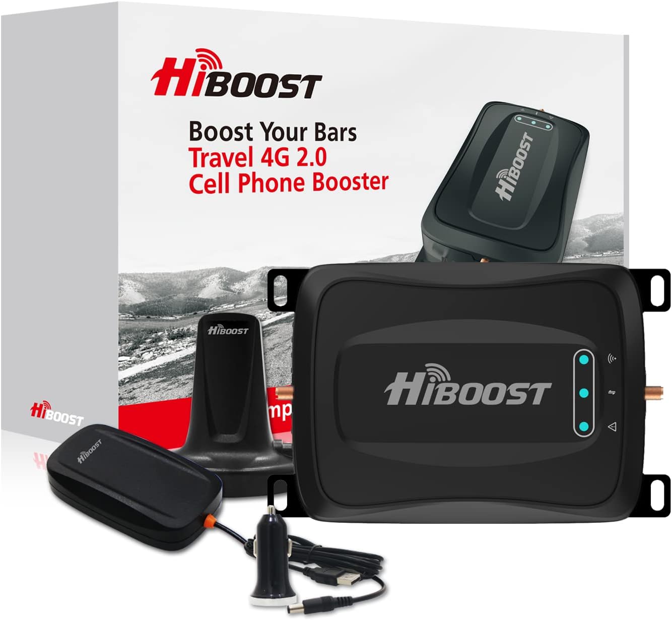 HiBoost Vehicle Cell Phone Signal Booster for Car, SUV, Van. APP fine Tune MAX gain. Car Cell Phone Booster for All U.S. Carriers-Verizon AT&T T-Mobile Sprint & More, FCC Approved