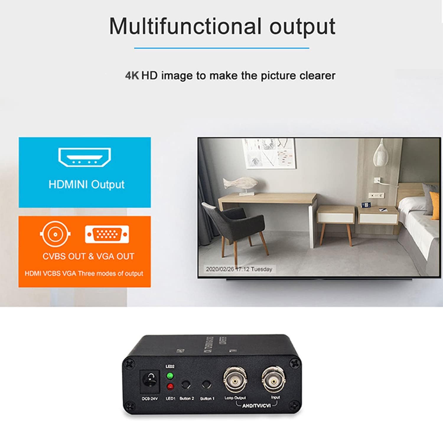 PEGATISAN 4K TVI/AHD/CVI to HDMI/CVBS/VGA Video Converter Support 1ch 720P/1080P/3MP/4MP/5MP/8MP Camera Input, 1ch BNC Loop Out for Monitor or DVR,1ch HDMI@1080p@60Hz / VGA@1080p@ /CVBS Output