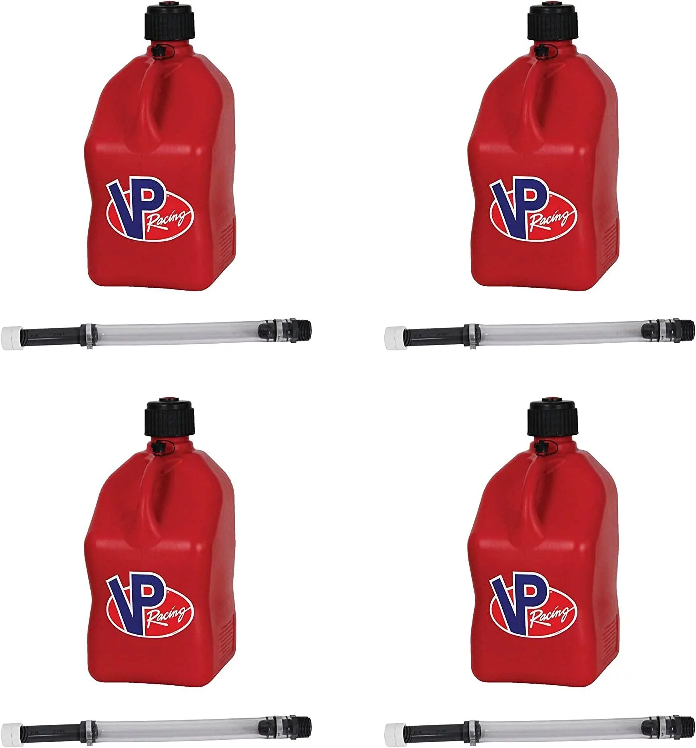 VP Racing Fuels 5.5 Gallon Square Motorsport Racing Fuel Utility Container Jugs with Dual Deluxe 14 Inch Filler Hoses, Red 4 Pack - Curated Treasures Market