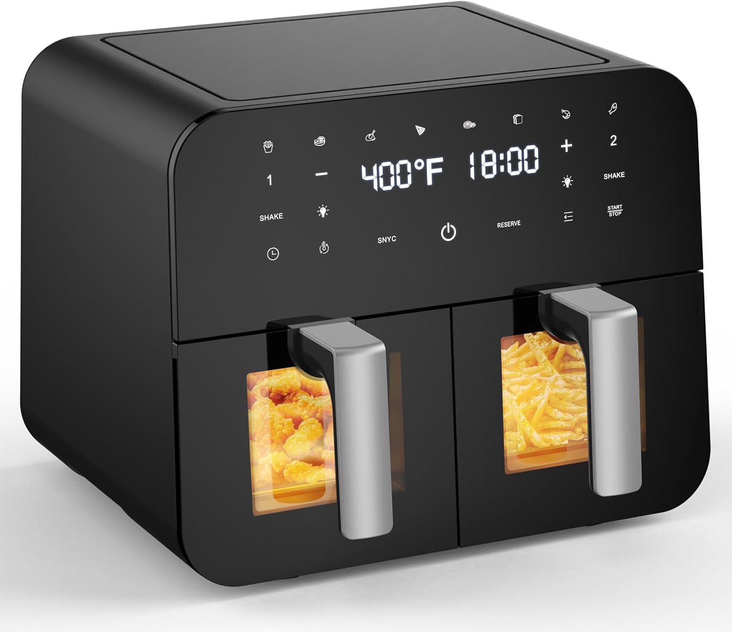 Dual Air Fryer 9 Qt, Dual Basket Air Fryer with Visible Window, Large Double 4.5 Qt Airfryer with Independent Temperature Control, 8-in-1 Functions that Crisps, Broils, Roasts, Dehydrate, Bake, Reheat