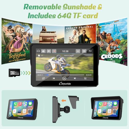 Carpuride W702 for Motorcycle, 7 inch Waterproof Touchscreen, Portable Carplay/Android Auto GPS Navigation for Motorbike, Support Dual Bluetooth, Car GPS, Siri, G00gle Assistant, TF-64G