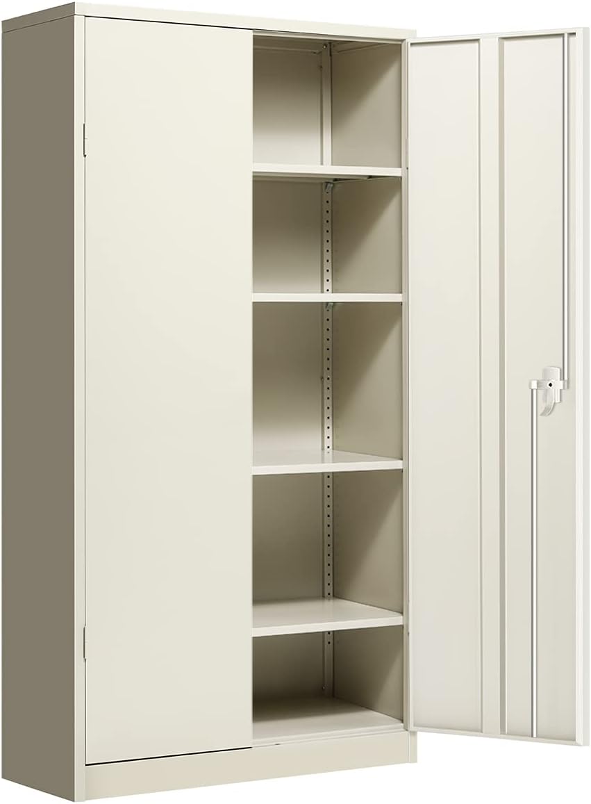 Metal Storage Cabinet with Doors, Locking Metal Cabinet with 2 Adjustable Shelves,Small Steel Storage Cabinet, Lockable Steel Cabinet for Office, Bathroom, Kitchen, Laundry Room(White)