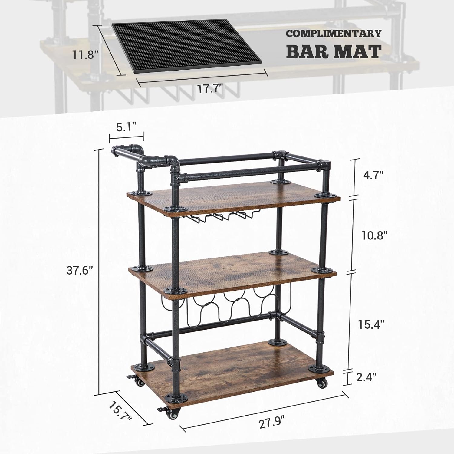 AA Products Inc. Industrial Bar Cart for Home, 3-Tier Bar Serving Cart with Wheels, Lockable Casters, Beverage Cart with Wine Rack and Glass Holder