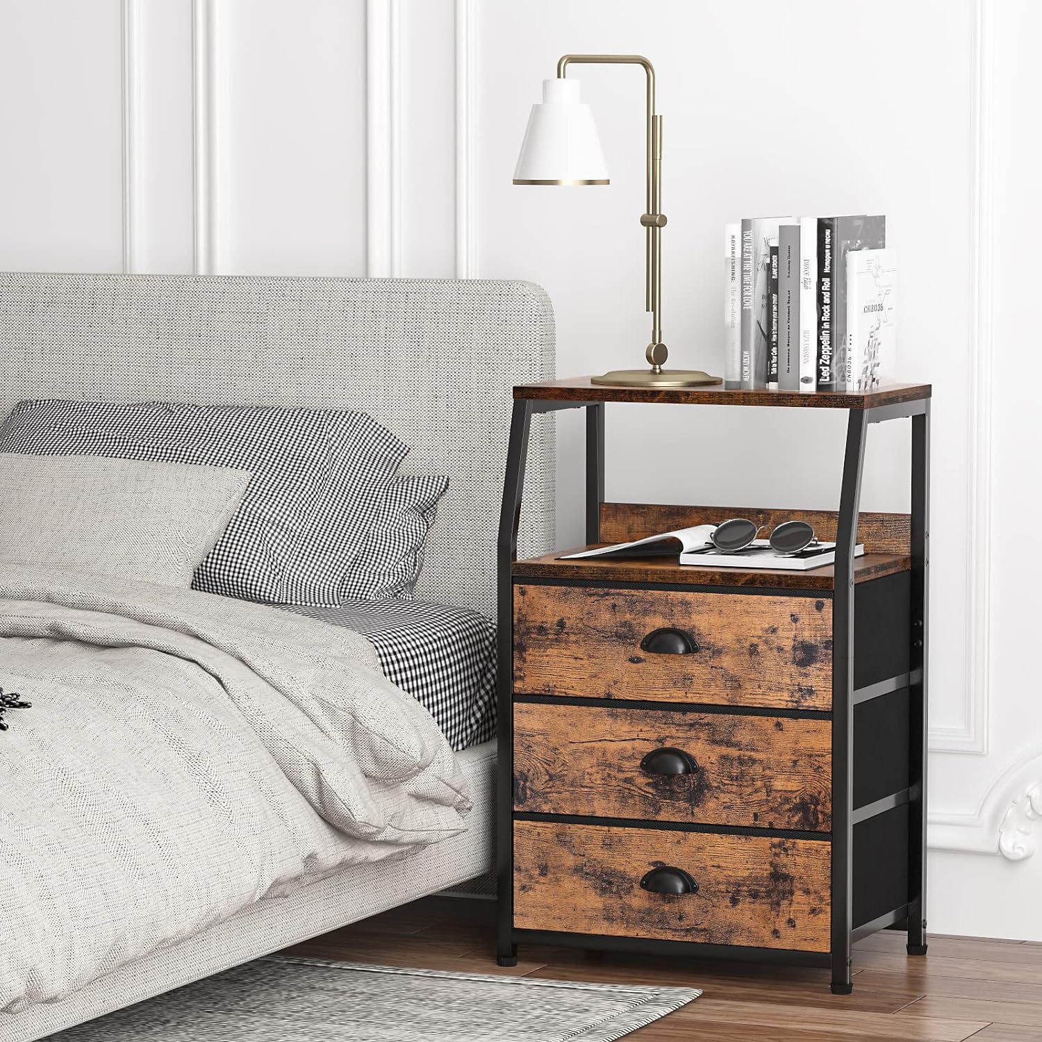 Furnulem Vertical End Table and Nightstand for Bedroom, Wide Dresser with 9 Large Drawers for 55'' Long TV Stand Entertainment Center for Bedroom,Living Room,Closet,Entryway,Sturdy Metal Frame