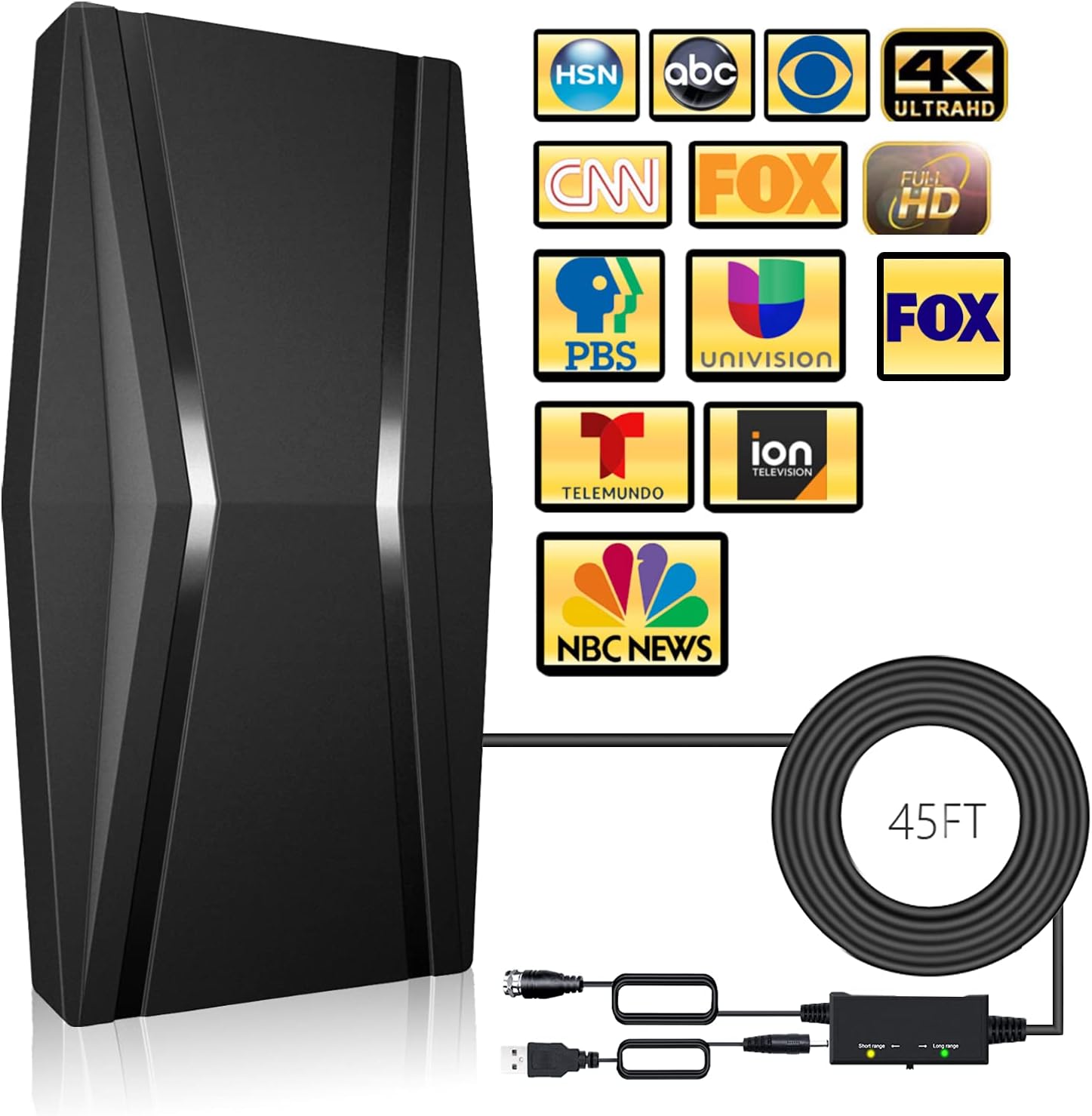 TV Antenna-Amplified HDTV Digital Outdoor/Indoor TV Antenna Long 460 Miles Range 360° Reception-Support 4K 1080P Fire tv Stick All TVs Smart Switch Amplifier Signal Booster-45ft Coax Cable