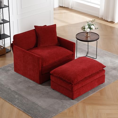 Oversized Accent Chair with Ottoman, Chenille Modern Living Room Chair Comfy Upholstered Armchair with Deep Seat Large Single Sofa for Bedroom Apartment, Blue