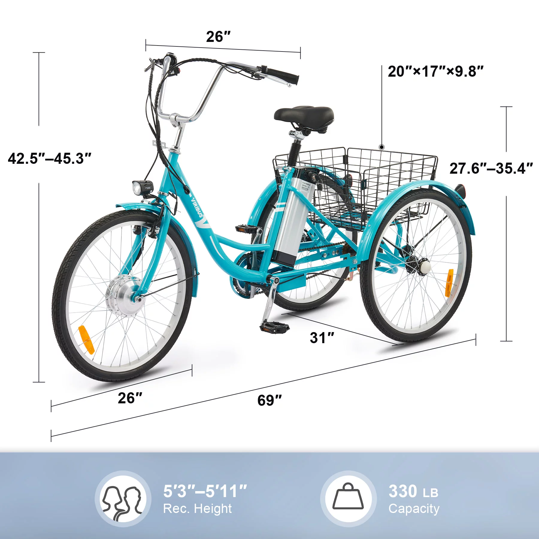 26 Electric Tricycle for Adults 3 Wheel Electric Bike 250W Electric Trike Black