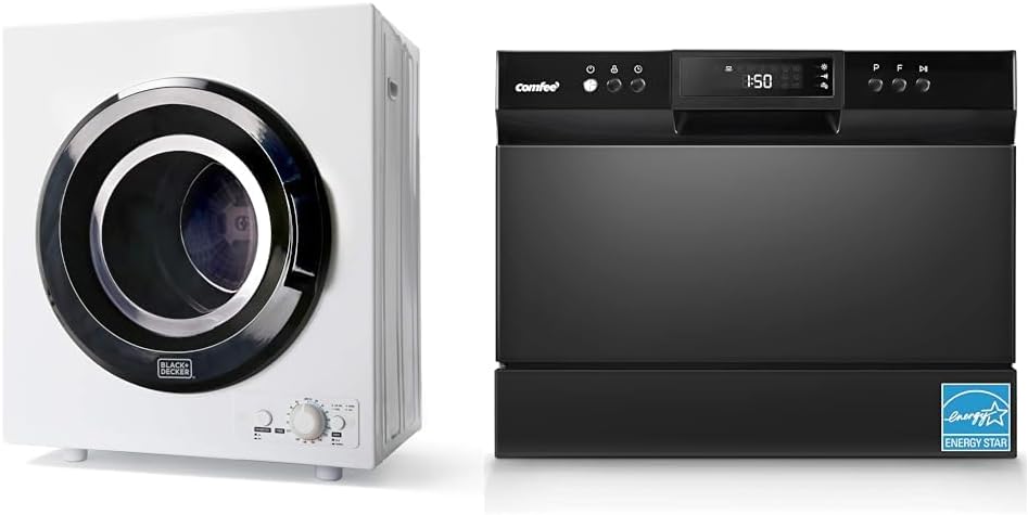 BLACK+DECKER BCED37 Compact Dryer for Standard Wall Outlet, Small, 4 Modes, Load Volume 13.2 lbs. & COMFEE’ Countertop Dishwasher, Energy Star Portable Dishwasher, 6 Place Settings