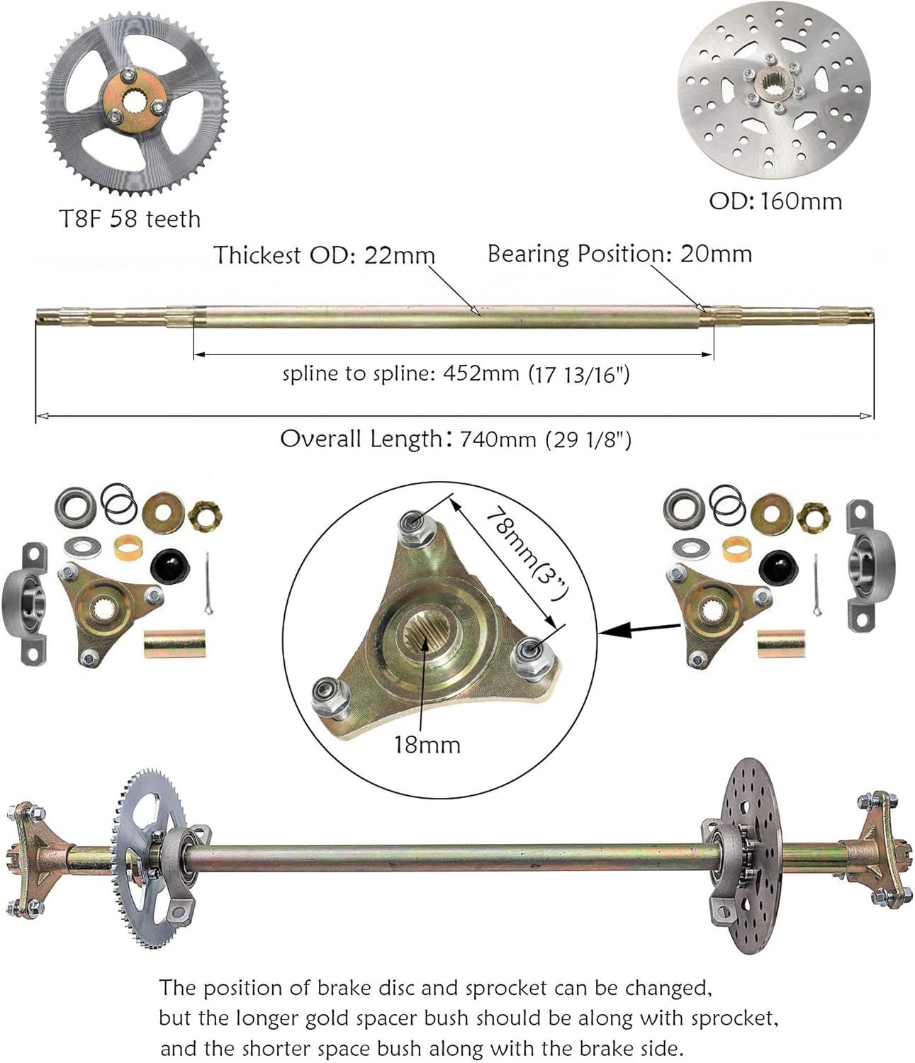 WPHMOTO Rear Axle Assembly Complete Wheel Hub Kit and 6" Wheel Tires With Rim & Brake Assembly & T8F Chain for Go Kart Quad Trike Drift Bikes