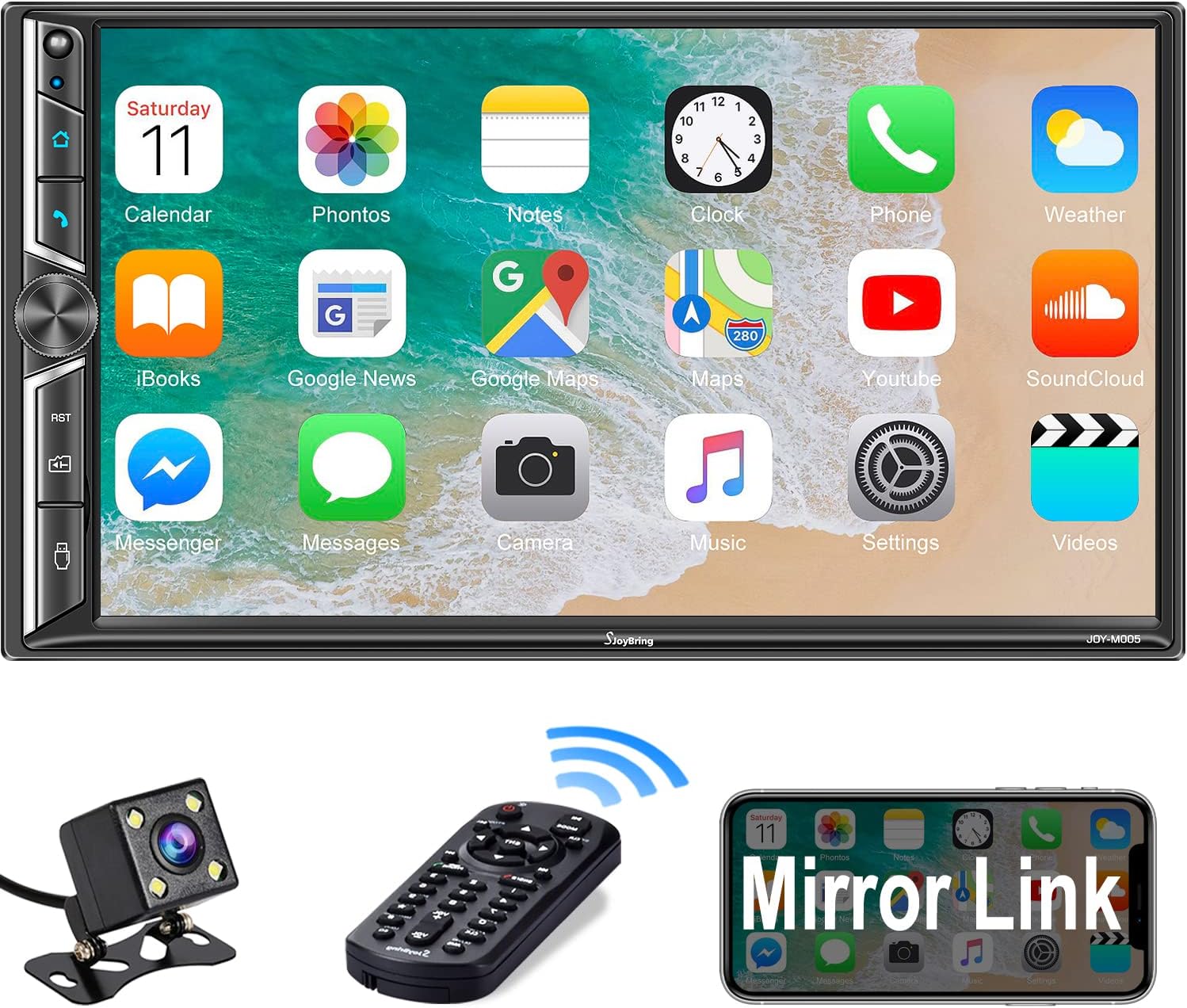 Double Din Car Stereo with Bluetooth 5.2, Mirror Link for Android/iOS Phones, 7 Inch Touchscreen Car Entertainment Multimedia System, HD Backup Camera, Steering Wheel Control/USB/TF/FM/AM