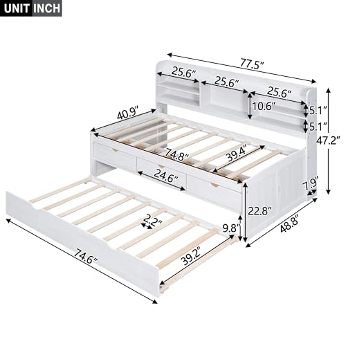 Harper & Bright Designs Twin Size Captain Bed with Built-in Bookshelves/3 Storage Drawers/Trundle, Wooden Twin Daybed Bed Frame for Kids Teens Dorm Bedroom Multipurpose Guest Room, White Wash