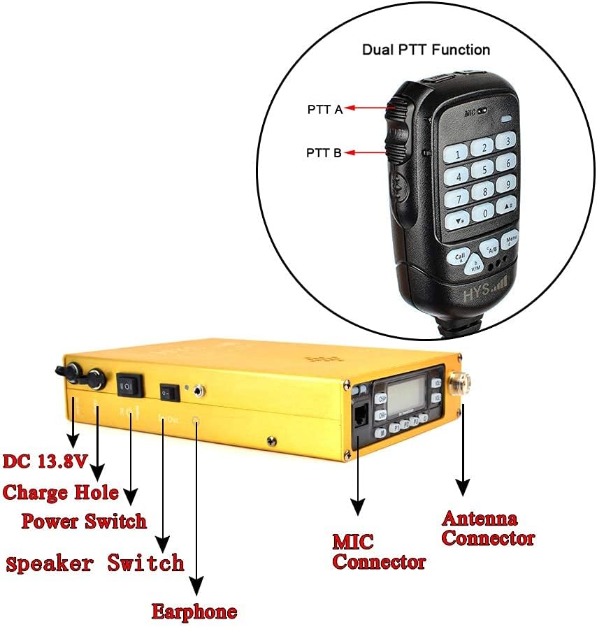 HYS Dual Band VHF/UHF Mobile Transceiver Golden Mobile Ham Radio Amateur Radio Built-in 12000mAh Battery with Programming Cable Antenna SO239 to PL259 Adapter (A Complete Set of)