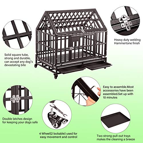 PUPZO Dog Cage Crate Kennel Heavy Duty Tear Resistant Square Tube with Four Wheels for Large Dogs Easy to Install (38 inch roof, Brown)