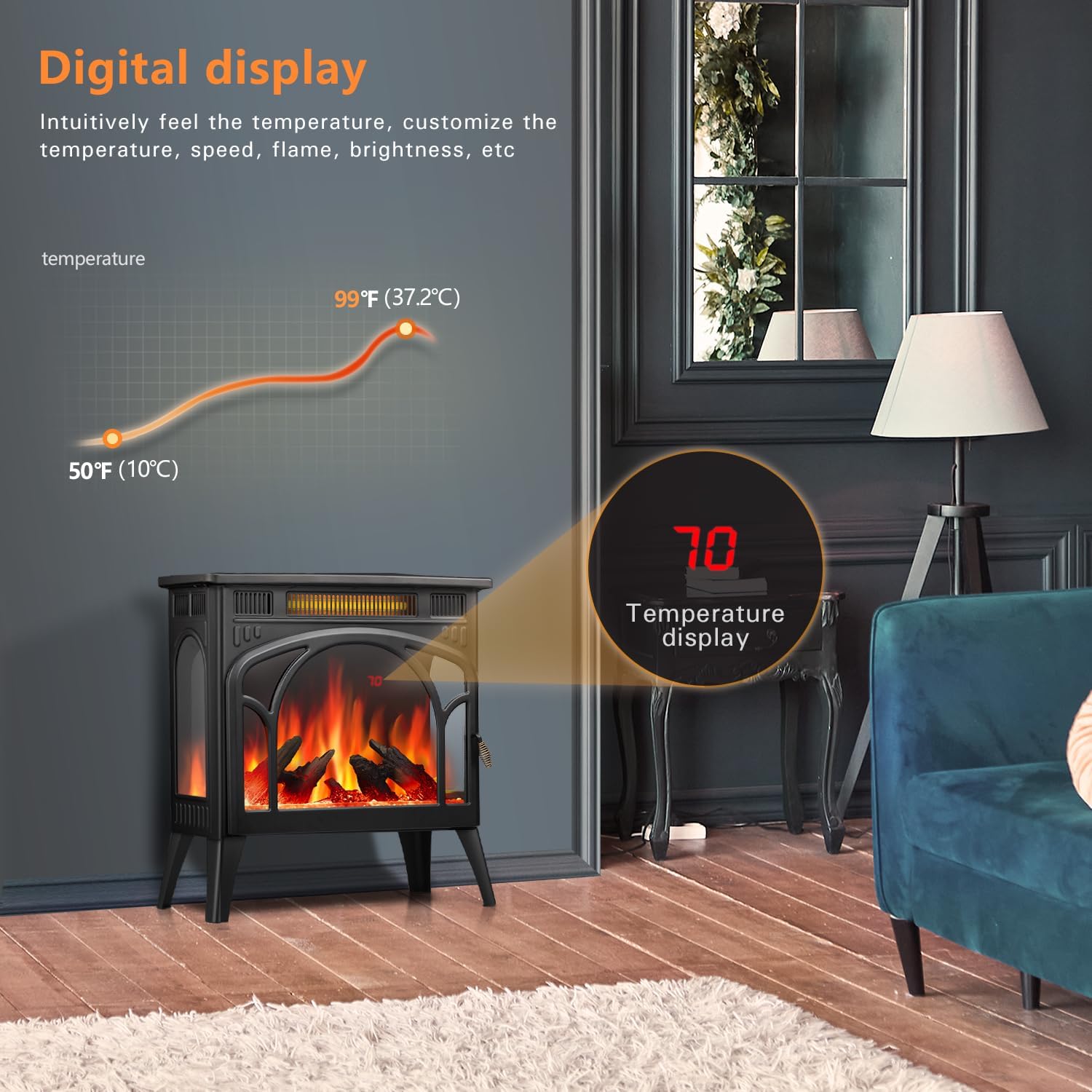 R.W.FLAME Electric Fireplace Heater 12 Flame Color, 25" Freestanding Fireplace Infrared Stove 1000W/1500W, 3D Realistic Flame Effects, Adjustable Brightness and Heating Mode, Overheating Safe Design