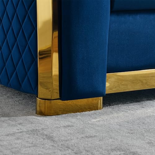 WILLIAMSPACE 81.1" Tufted Velvet Sofa Couch for Living Room, 3 Seater Button Sofa with Stainless Steel Gold Plating Decoration, Comfy Soft Upholstered Couch with 2 Pillows - Blue